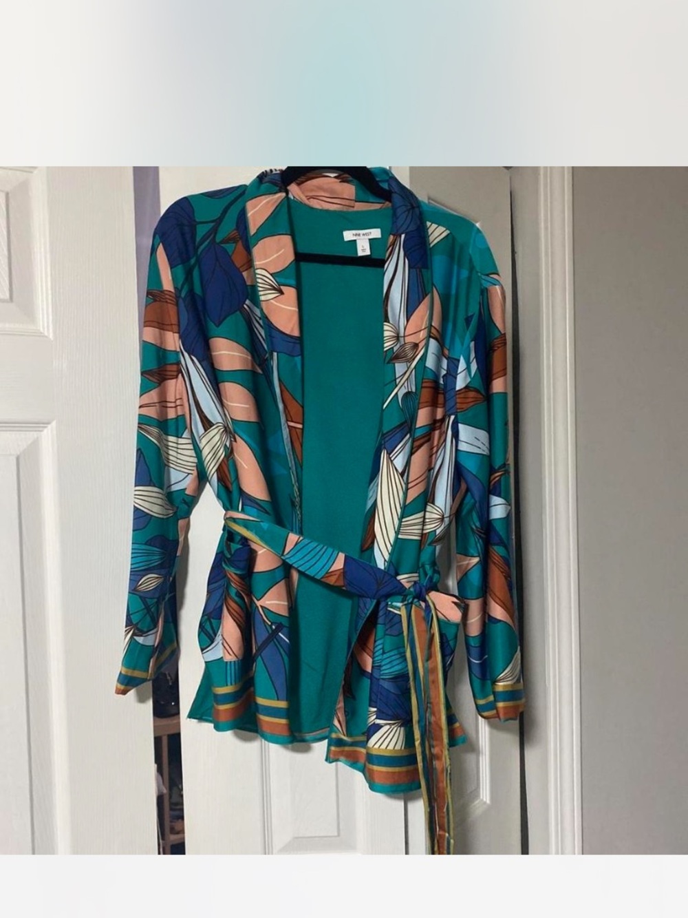 Nine West Teal Multi Printed Tie-Waist Cardigan